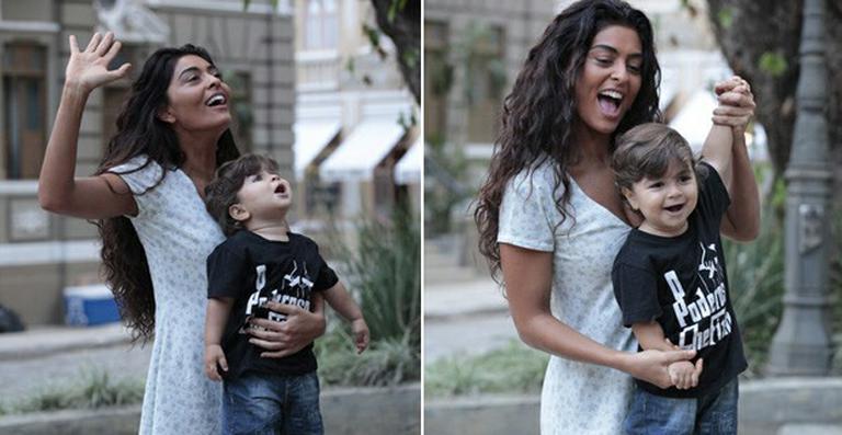 Pedro visita a mãe Juliana Paes nas gravações de ‘Gabriela’