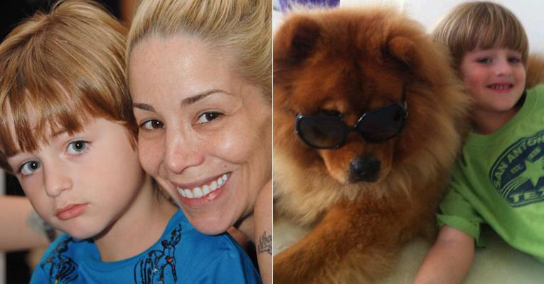 Noah, filho de Danielle Winits, posa ao lado da cachorrinha da família, Lua