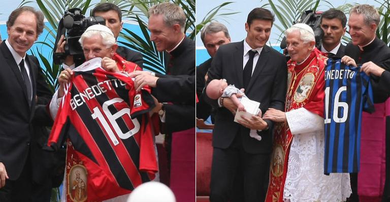 Papa Bento XVI ganha camisas do Milan e do Inter durante Encontro Mundial de Famílias