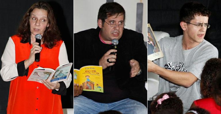 Rosi Campos, Leandro Hassum e David Lucas contam histórias para crianças
