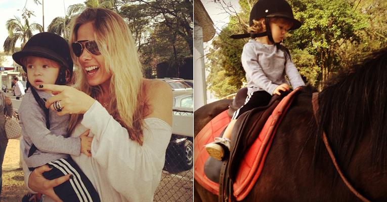 Adriane Galisteu leva seu filho Vittorio para andar de cavalo