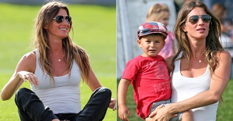 Grávida, Gisele Bündchen se diverte com o filho em treino do time de Tom Brady