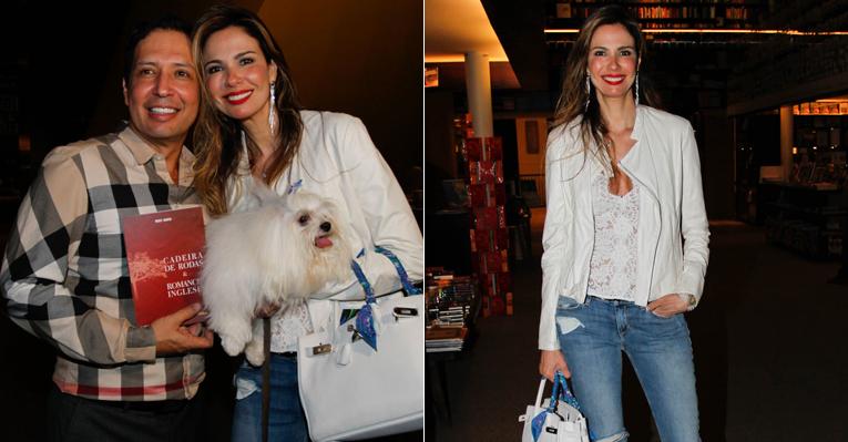 Acompanhada de sua cachorrinha, Luciana Gimenez prestigia lançamento de livro
