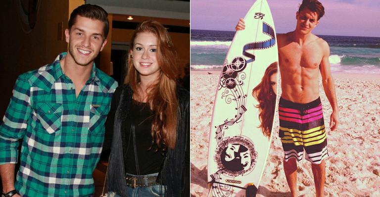 Klebber Toledo usa prancha de surfe com o rosto de Marina Ruy Barbosa estampado