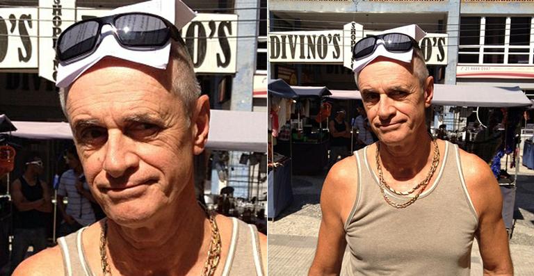 Bruno Gissoni brinca com look de Marcos Caruso nas gravações
