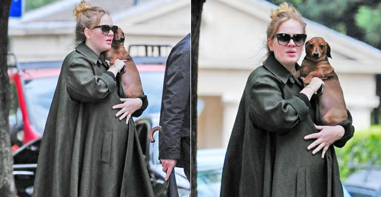 Grávida, Adele acaricia a barriga em passeio com cãozinho
