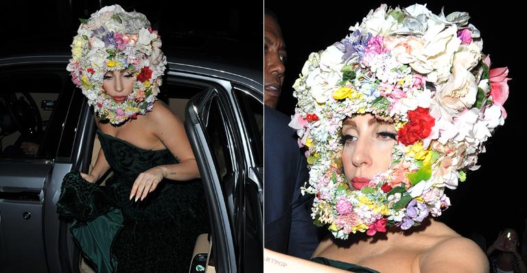 Lady Gaga aparece com flores na cabeça na Inglaterra