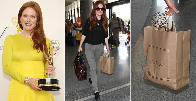 Julianne Moore carrega prêmio Emmy em sacola de papelão