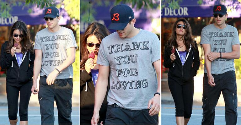 Em passeio com Mila Kunis, Ashton Kutcher veste camiseta: ‘Obrigado por Amar’