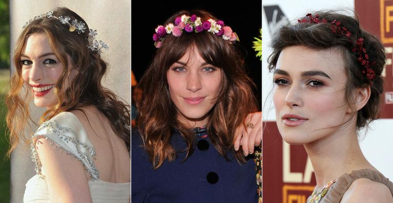 Inspire-se nas famosas como Anne Hathaway e Keira Knightley e use flores no cabelo para levantar o visual
