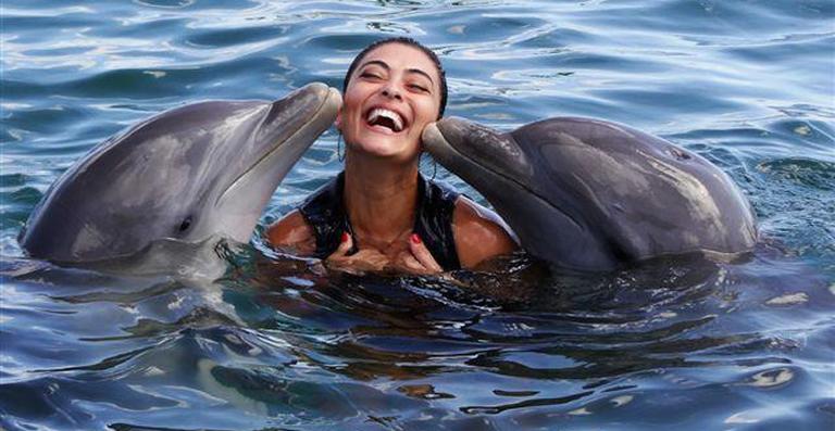 Juliana Paes nada com golfinhos em viagem de férias
