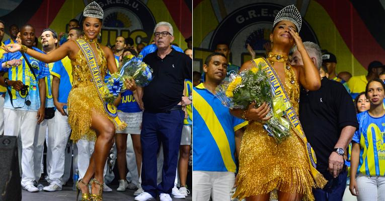 Muito emocionada, Juliana Alves é coroada rainha de bateria da Unidos da Tijuca