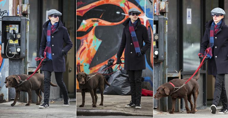 Anne Hathaway passeia com seu cão por NY