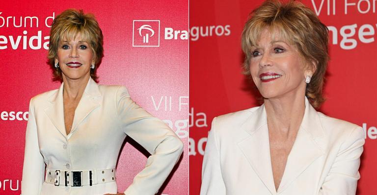 Aos 74 anos, Jane Fonda brilha em fórum sobre longevidade no Brasil