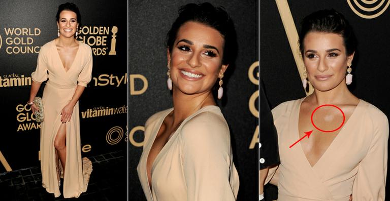 Lea Michele acerta no vestido, mas exibe falha na maquiagem