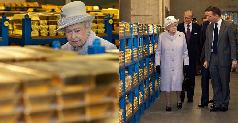 Rainha Elizabeth II inspeciona barras de ouro no Banco de Londres