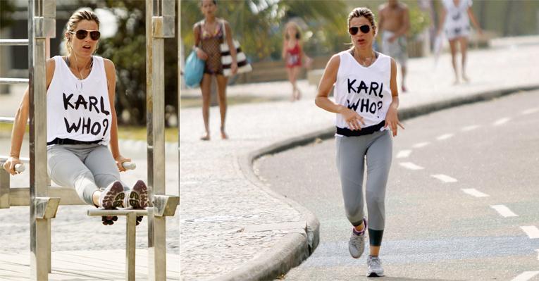 Flávia Alessandra se exercita na orla da praia, no Rio de Janeiro