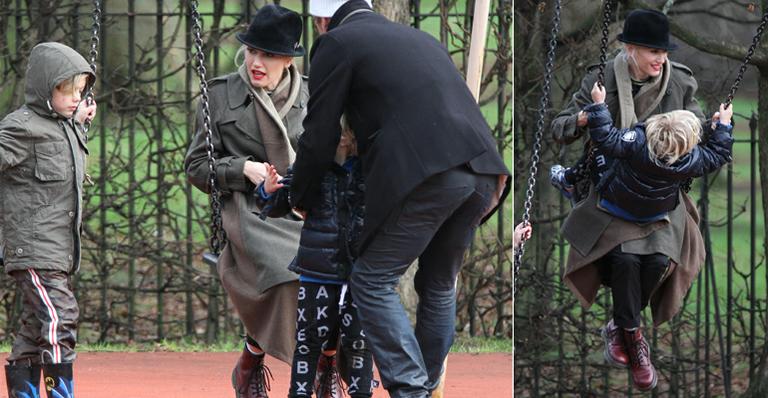 Gwen Stefani se diverte em parquinho com os filhos Kingston e Zuma