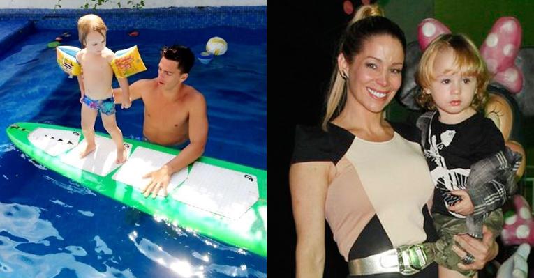 Namorado de Danielle Winits ensina surfe ao caçula da atriz