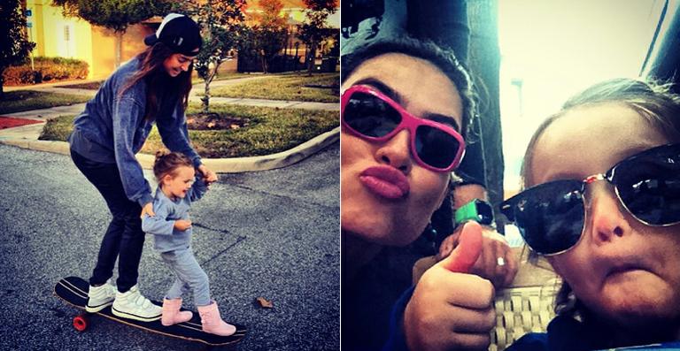 Thaila Ayala ensina filha de Fernanda Rodrigues a andar de skate