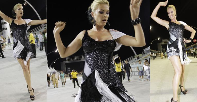 De vestido decotado, Ana Hickmann cai no samba em ensaio no Anhembi