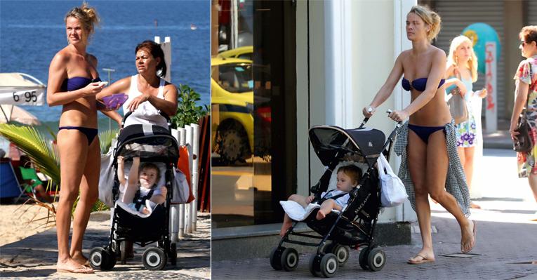 Letícia Birkheuer exibe ótima forma ao passear de biquíni com o filho em Ipanema