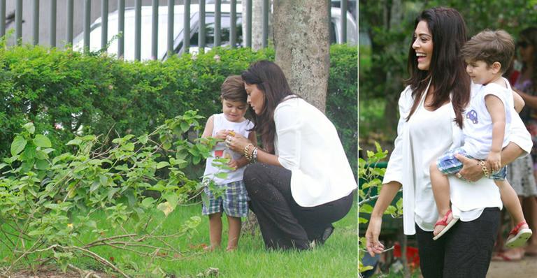 Grávida de mais um menino, Juliana Paes explora a natureza com o primogênito, Pedro