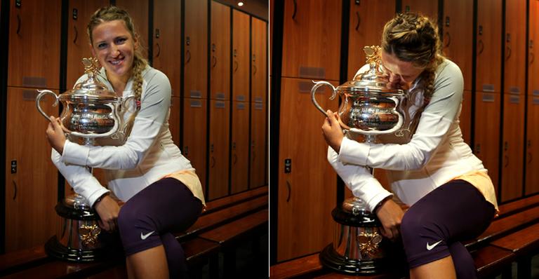 Victoria Azarenka e a taça do seu título no Aberto da Austrália