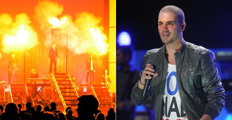 Que susto! Max George, do The Wanted, vê seu paletó pegar fogo durante show