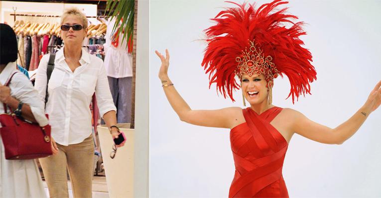 Xuxa Meneghel grava campanha com acessório carnavalesco na cabeça