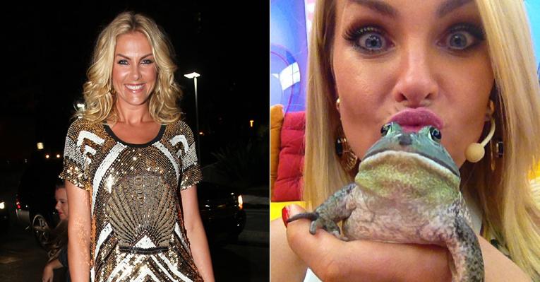 Nos bastidores do ‘Programa da Tarde’, Ana Hickmann se diverte com um sapinho