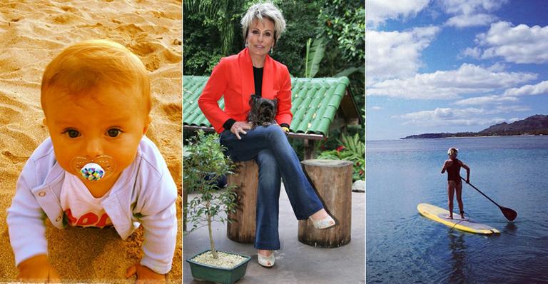 Ana Maria Braga brinca com o neto, Bento, e pratica stand up paddle no Havaí