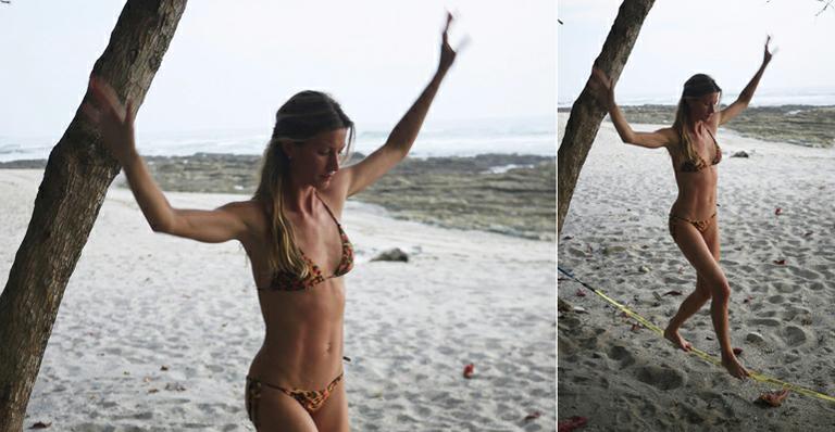 Gisele Bündchen publica foto praticando slackline de biquíni