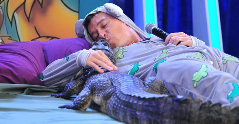 De pijama, Rodrigo Faro beija jacaré no palco do programa ‘O Melhor do Brasil’