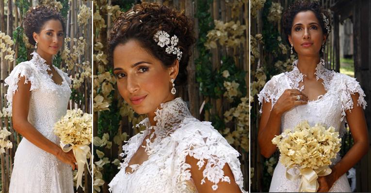 Vestido de noiva com patchwork de rendas de Camila Pitanga ‘afina’ a cintura