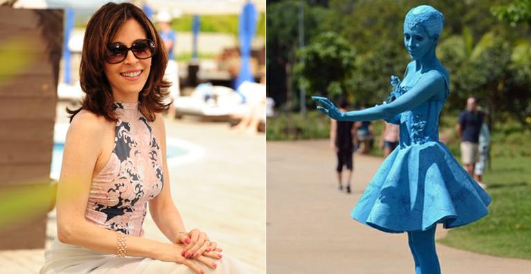 Deborah Evelyn se transforma em estátua viva durante gravações