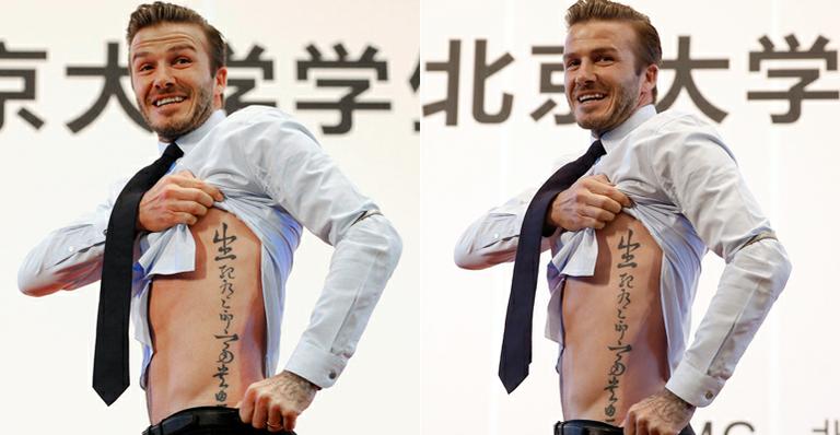 David Beckham levanta a camisa e exibe tatuagem durante palestra na China