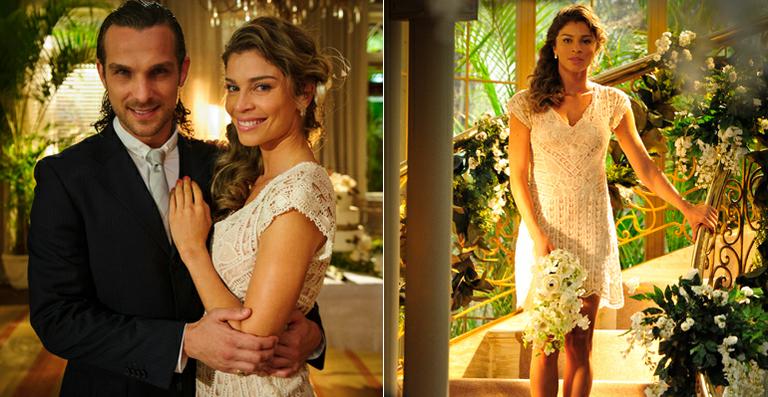 ‘Flor do Caribe’: Ester usa vestido de noiva simples e curto