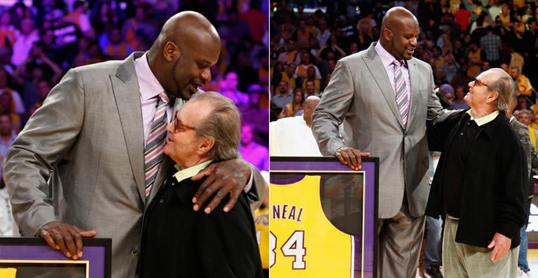 Jack Nicholson ganha abraço de homenageado Shaquille O’Neal na quadra dos Lakers