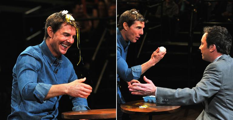 Tom Cruise quebra ovos na cabeça durante programa de TV