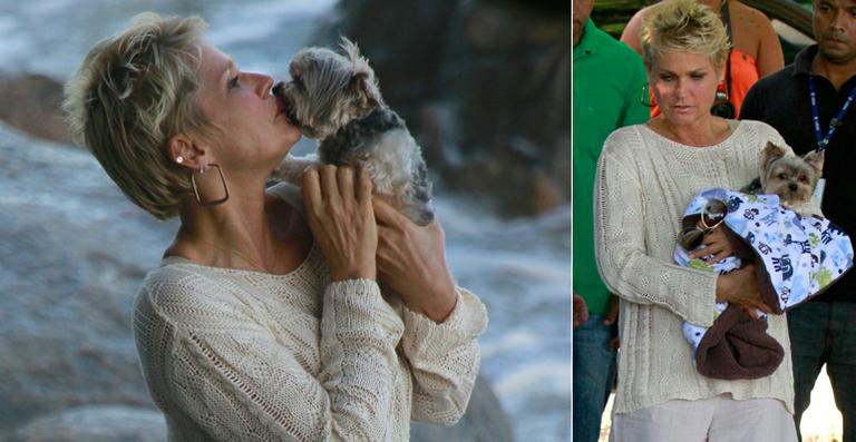 Xuxa dá ‘beijinho’ no cachorro Dudu durante gravação