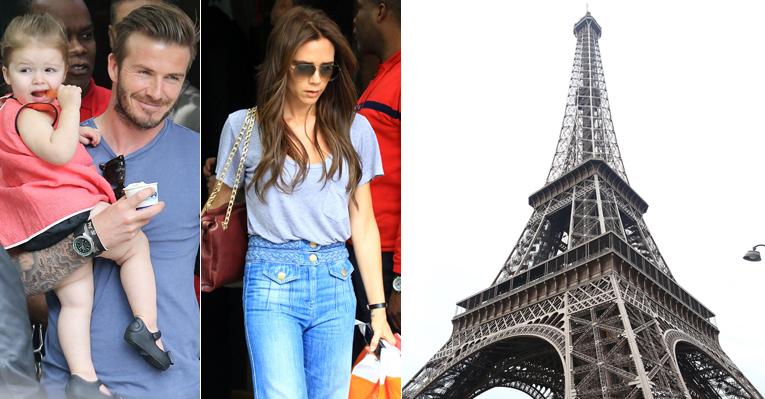 David e Victoria Beckham visitam a Torre Eiffel com os filhos