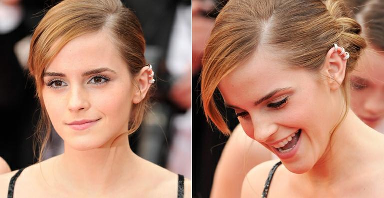 Emma Watson quebra o lado clássico de seu look com brinco que imita piercing