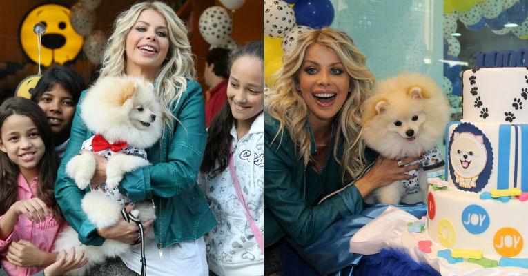 Karina Bacchi reúne crianças e faz festa para o cachorro Joy