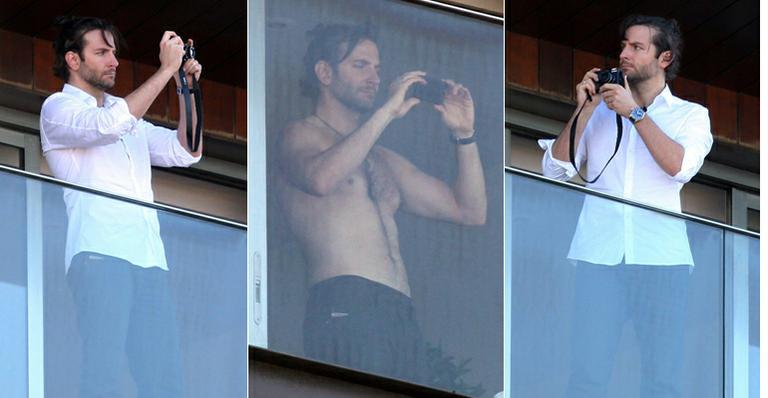 Sem camisa, Bradley Cooper faz fotos na sacada de hotel no Rio
