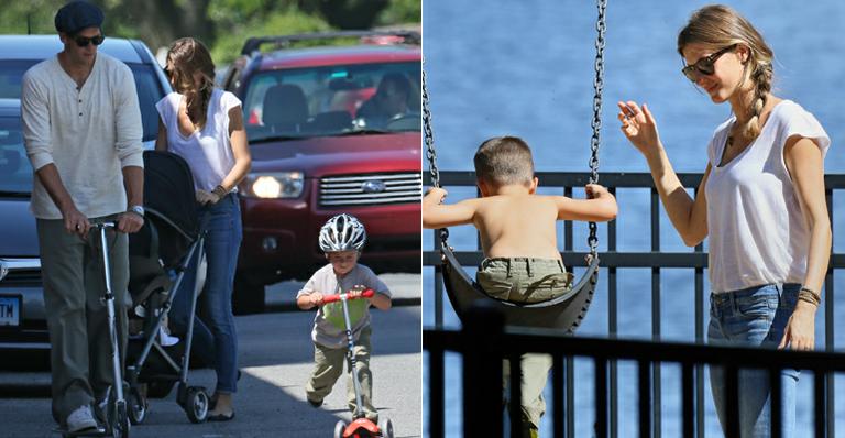 Gisele Bündchen brinca com o marido e os filhos no parque