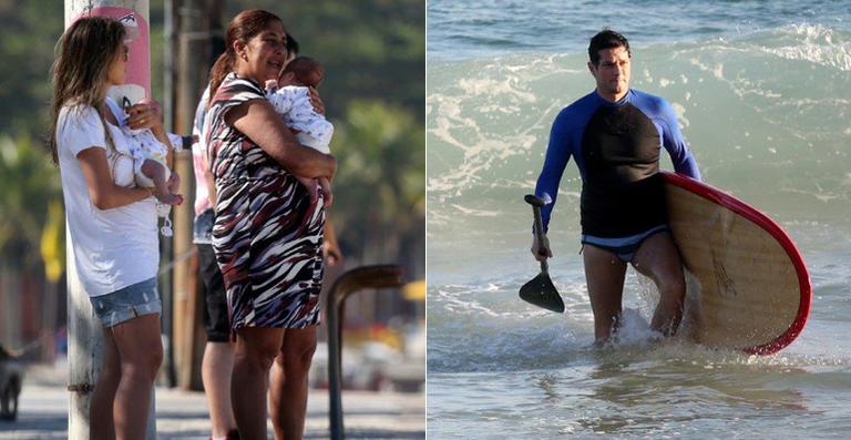 Filhos gêmeos de Marcelo Serrado veem o papai praticar stand up paddle no Rio