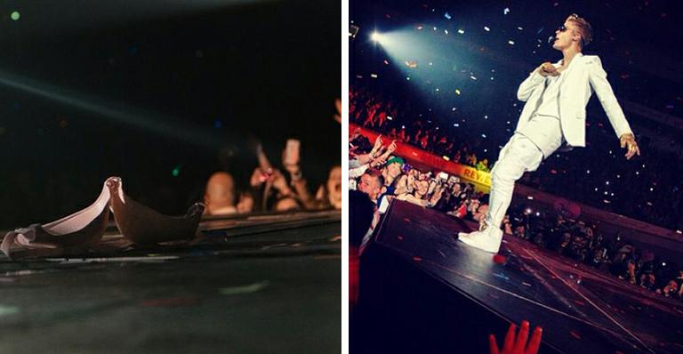 Justin Bieber posta foto de sutiã jogado no palco por fã e diz: “Todo mundo cresce”
