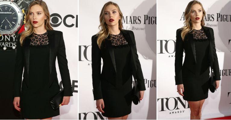 Scarlett Johansson aparece muito mais magra em look comportado no ‘Tony Awards’