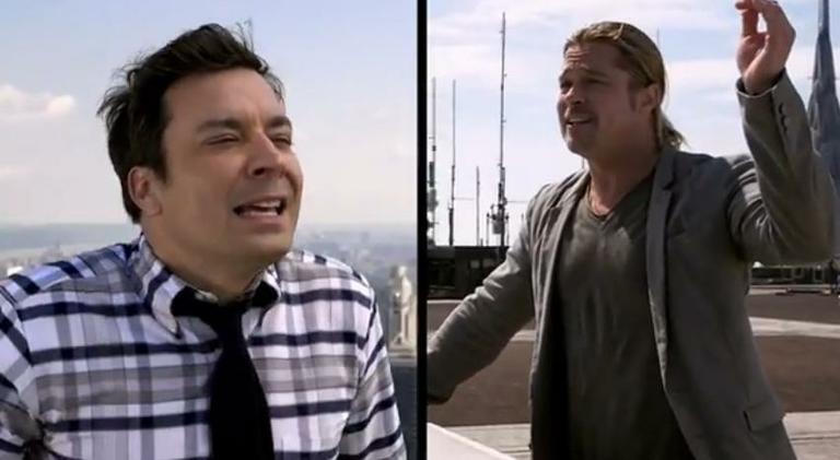 Brad Pitt e Jimmy Fallon fazem “yodel” em topo de prédios de Nova York